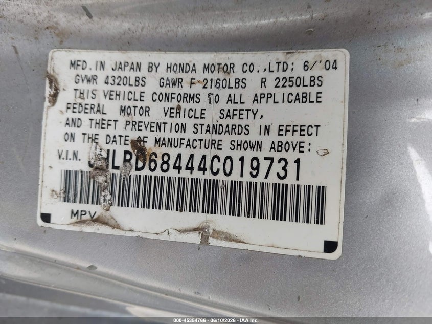 2004 Honda Cr-v VIN JHLRD68444C019731 IAAI salvage auction — NORMAL WEAR, Clear (New Jersey), sold $550 on 2026-07-14 (photo 9)