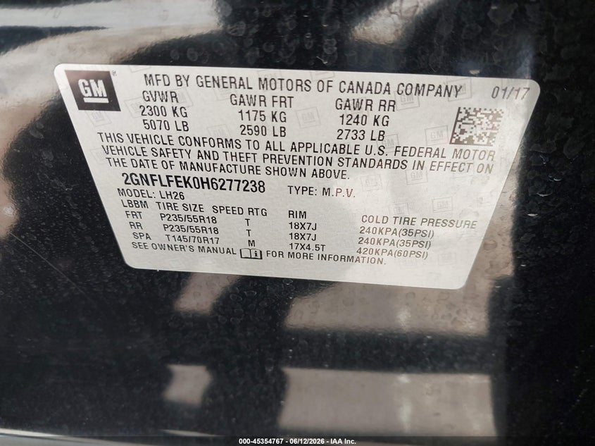 2017 Chevrolet Equinox VIN 2GNFLFEK0H6277238 IAAI salvage auction — REAR END, Salvage (California), sold $2,925 on 2026-07-09 (photo 9)