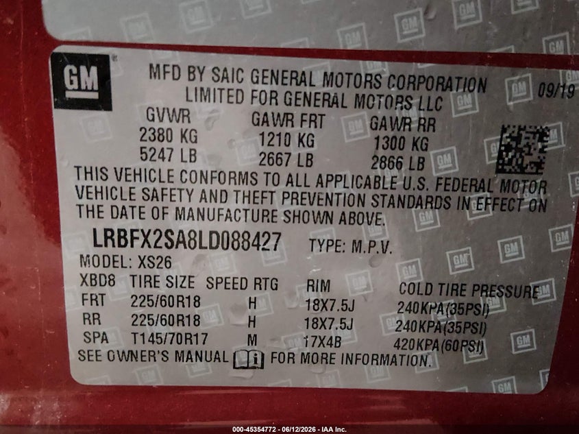 2020 Buick Envision VIN LRBFX2SA8LD088427 IAAI salvage auction — HAIL, Salvage (Iowa), sold $100 on 2026-07-28 (photo 9)
