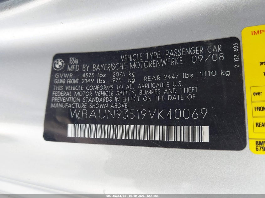 2009 BMW 1 series VIN WBAUN93519VK40069 IAAI salvage auction — NORMAL WEAR, Repossession Paperwork (Georgia), sold $825 on 2026-07-15 (photo 9)