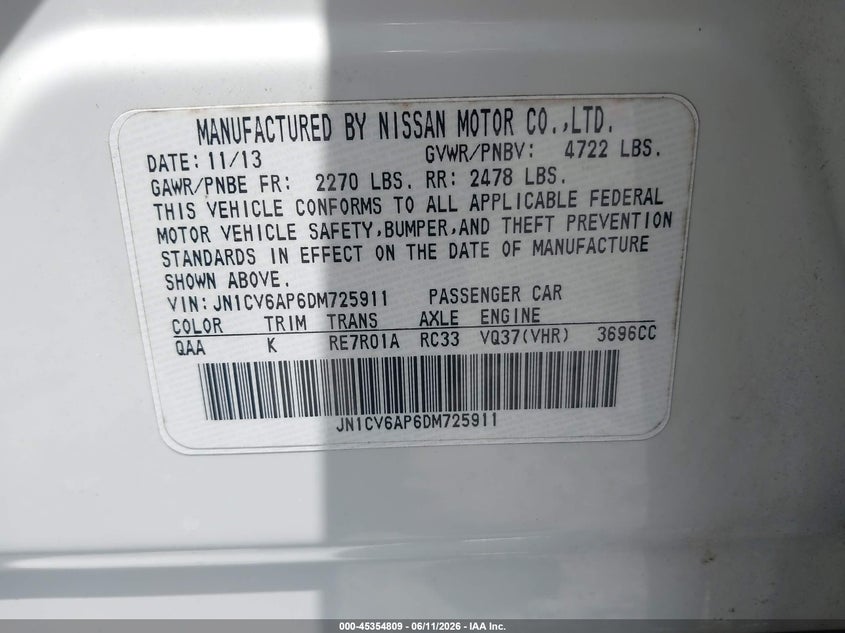2013 Infiniti G VIN JN1CV6AP6DM725911 IAAI salvage auction — FRONT END, Salvage (Arkansas), sold $800 on 2026-07-22 (photo 9)