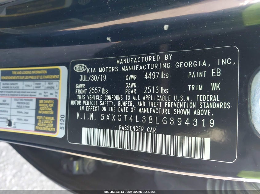 2020 Kia Optima VIN 5XXGT4L38LG394319 IAAI salvage auction — LEFT SIDE, Salvage Title, sold $1,950 on 2026-07-31 (photo 9)