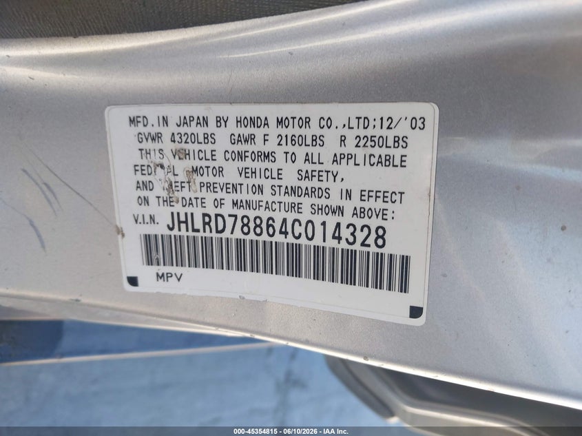 2004 Honda Cr-v VIN JHLRD78864C014328 IAAI salvage auction — NORMAL WEAR, Clear - Dealer Only (California), sold $650 on 2026-07-29 (photo 9)