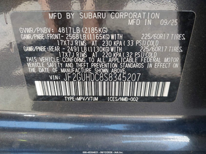 2025 Subaru Xv VIN JF2GUHDC8S8345207 IAAI salvage auction — RIGHT FRONT, Salvage (Oregon), sold $7,800 on 2026-07-30 (photo 9)