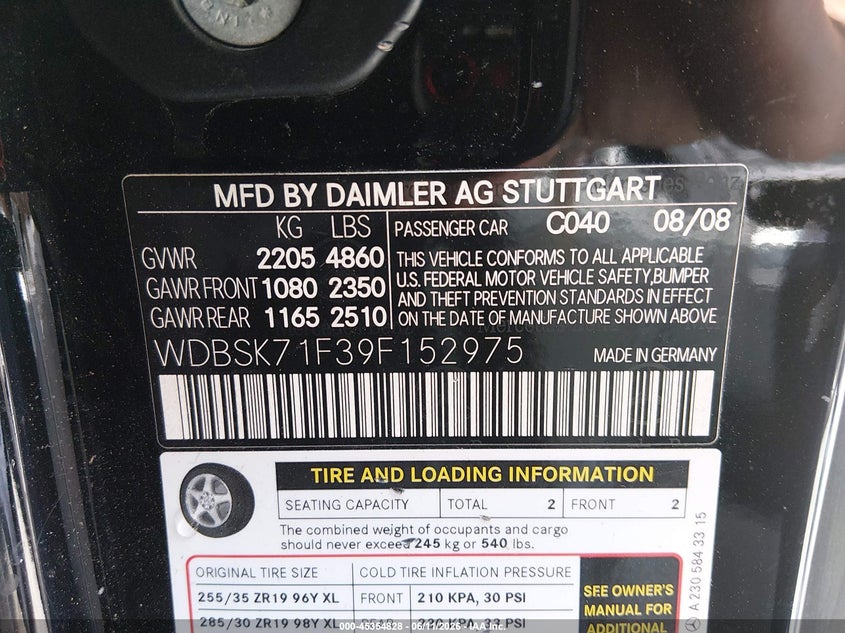 2009 Mercedes-benz Sl-class VIN WDBSK71F39F152975 IAAI salvage auction — FRONT END, Bill Of Sale (Washington), sold $3,550 on 2026-07-22 (photo 9)