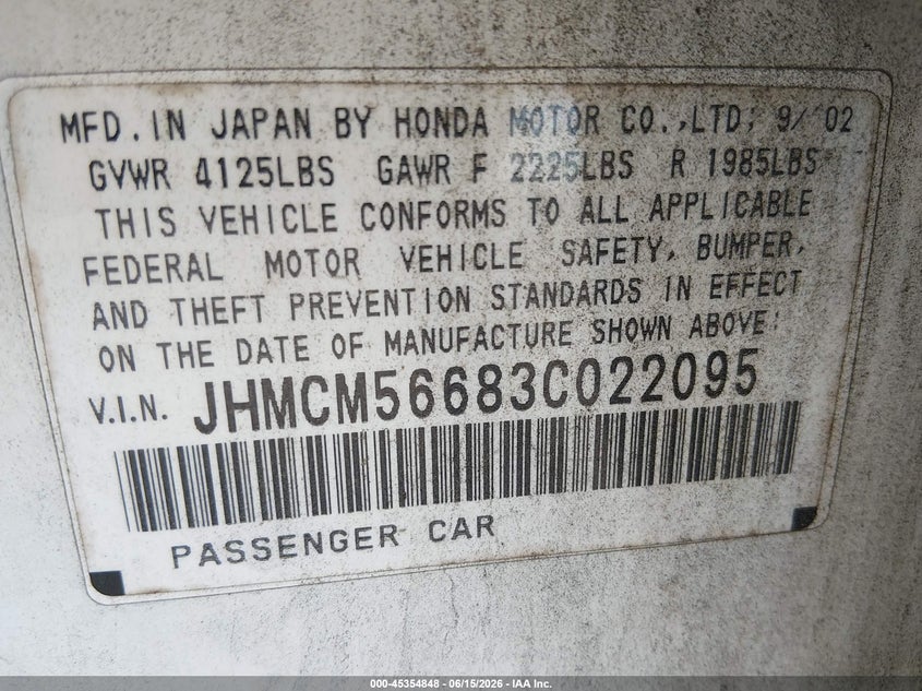 2003 Honda Accord VIN JHMCM56683C022095 IAAI salvage auction — FRONT END, Clear (Arkansas), sold $375 on 2026-07-15 (photo 9)