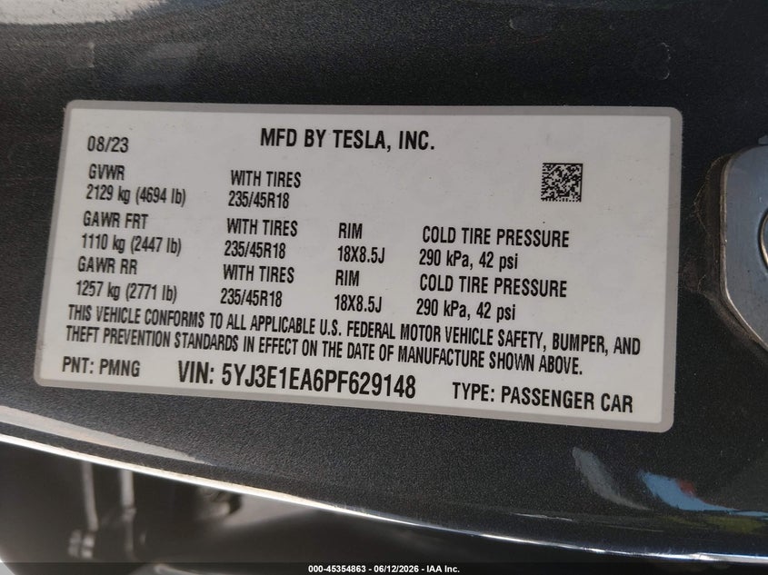 2023 Tesla Model 3 VIN 5YJ3E1EA6PF629148 IAAI salvage auction — REAR END, Salvage (California), sold $9,000 on 2026-07-08 (photo 9)