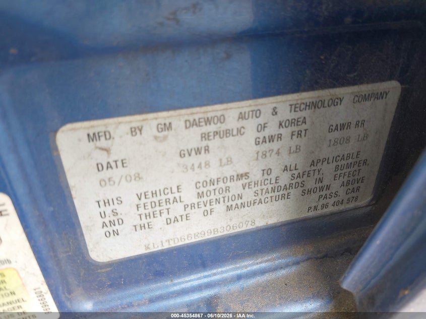 2009 Chevrolet Aveo VIN KL1TD66E99B306078 IAAI salvage auction — NORMAL WEAR, Clear-Dealer Only (Arizona), sold $25 on 2026-07-30 (photo 9)