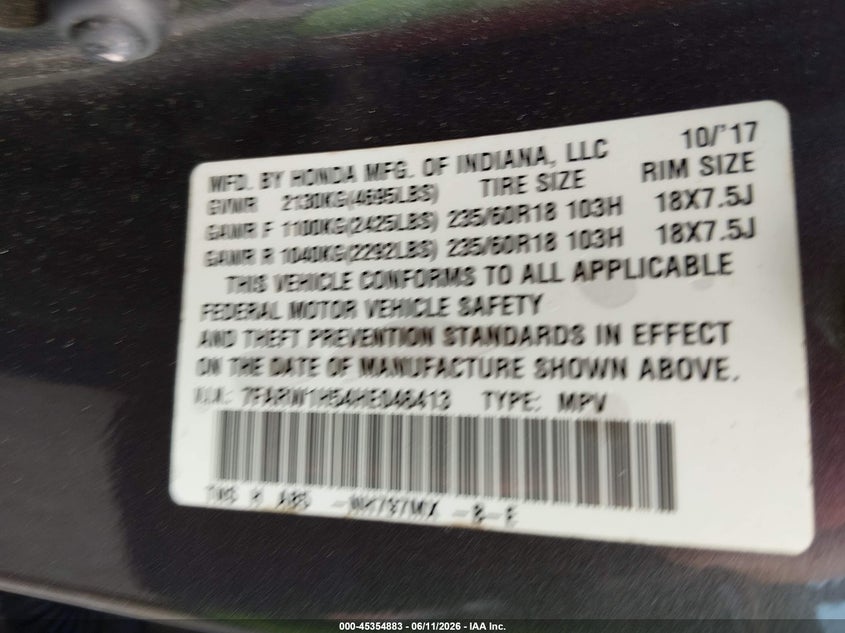2017 Honda Cr-v VIN 7FARW1H54HE046413 IAAI salvage auction — SIDE, Salvage (Mississippi), sold $2,900 on 2026-07-29 (photo 9)