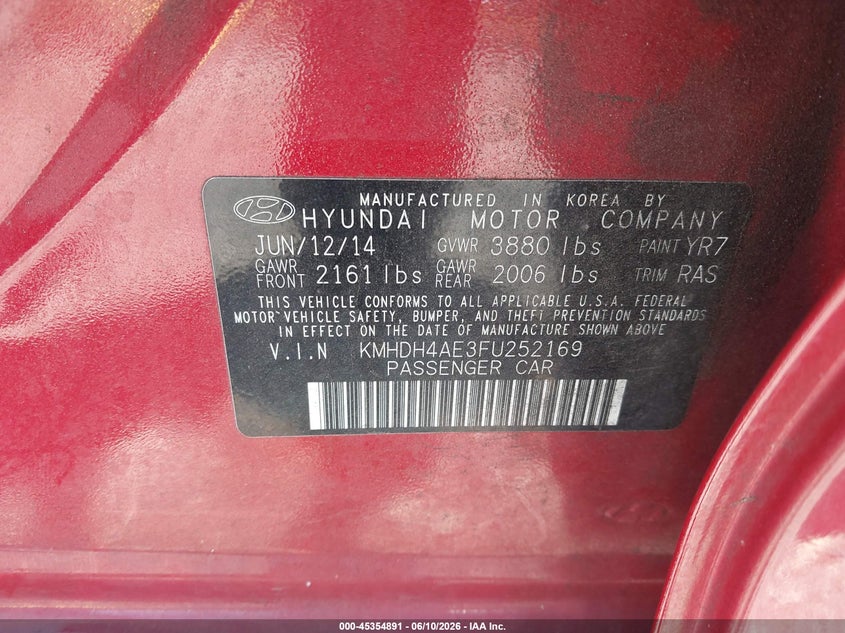 2015 Hyundai Elantra VIN KMHDH4AE3FU252169 IAAI salvage auction — THEFT, Salvage (California), sold $825 on 2026-07-16 (photo 9)