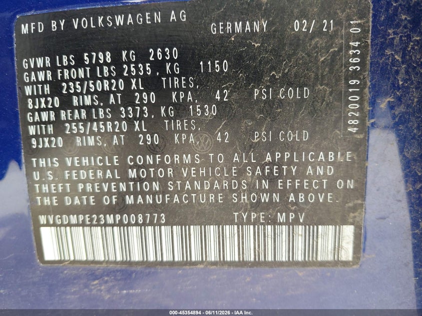 2021 Volkswagen Id.4 VIN WVGDMPE23MP008773 IAAI salvage auction — RIGHT SIDE, Original (Texas), sold $4,600 on 2026-07-22 (photo 9)