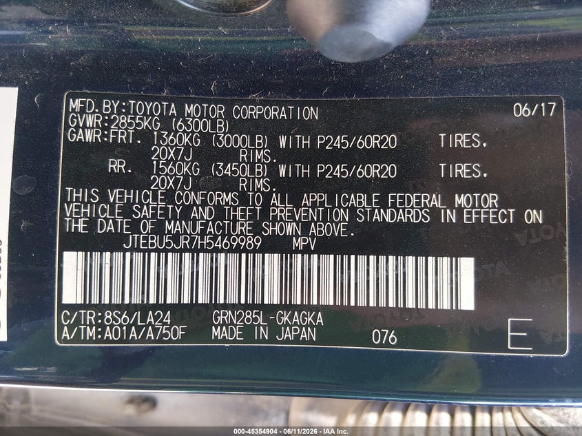2017 Toyota 4runner VIN JTEBU5JR7H5469989 IAAI salvage auction — FRONT END, Salvage Title, sold $14,250 on 2026-08-21 (photo 9)
