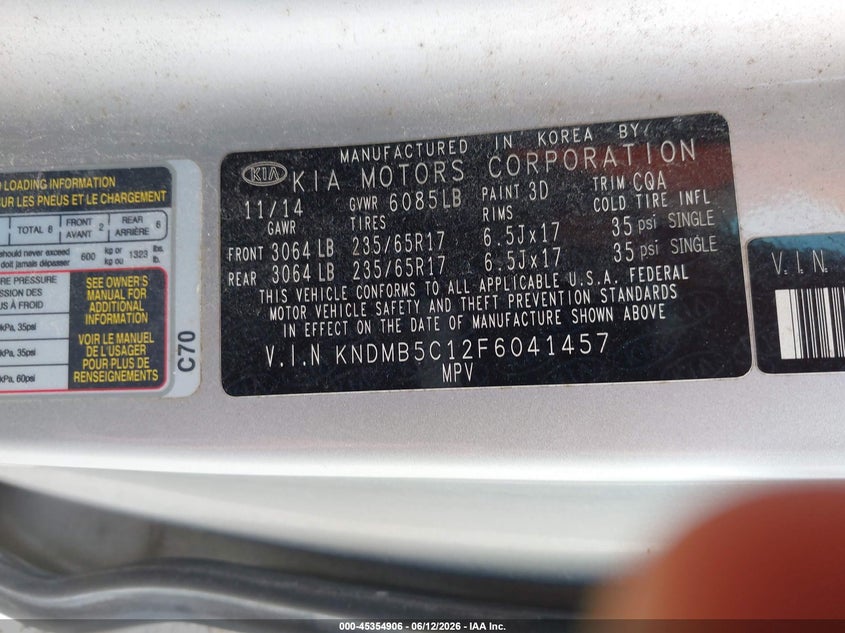2015 Kia SEDONA VIN KNDMB5C12F6041457 IAAI salvage auction — REAR END, Salvage (Missouri), sold $800 on 2026-07-13 (photo 9)