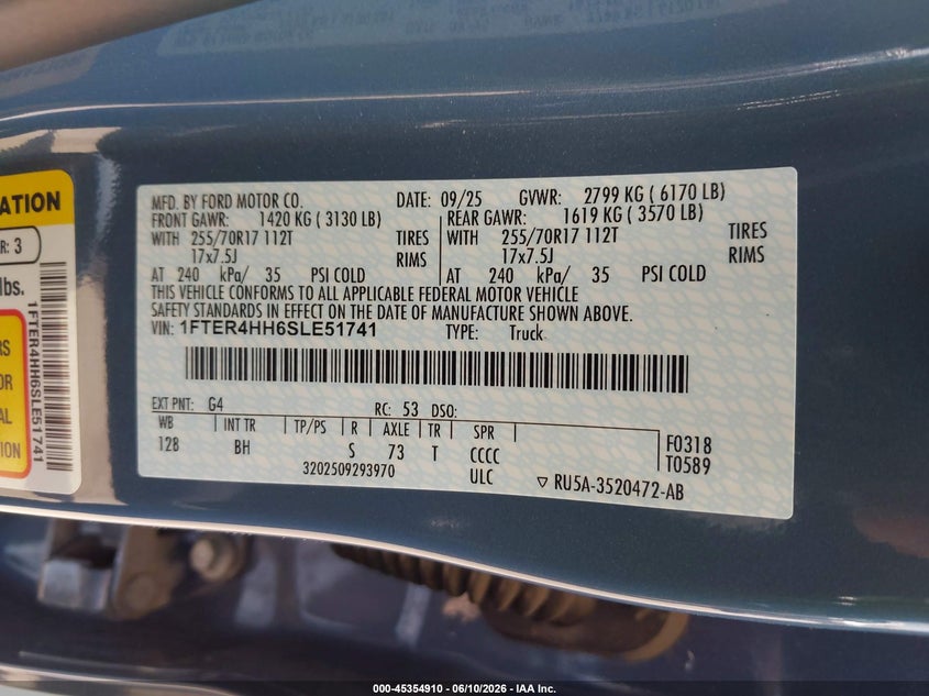 2025 Ford Ranger VIN 1FTER4HH6SLE51741 IAAI salvage auction — SIDE, Salvage Title, sold $11,800 on 2026-08-01 (photo 9)