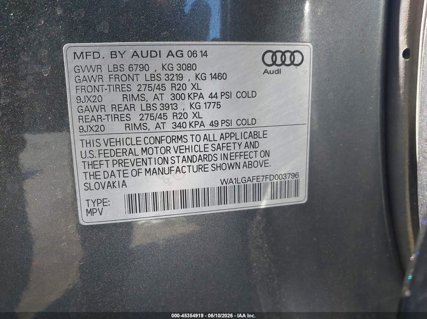 2015 Audi Q7 VIN WA1LGAFE7FD003796 IAAI salvage auction — LEFT REAR, Salvage Title, sold $1,300 on 2026-07-22 (photo 9)