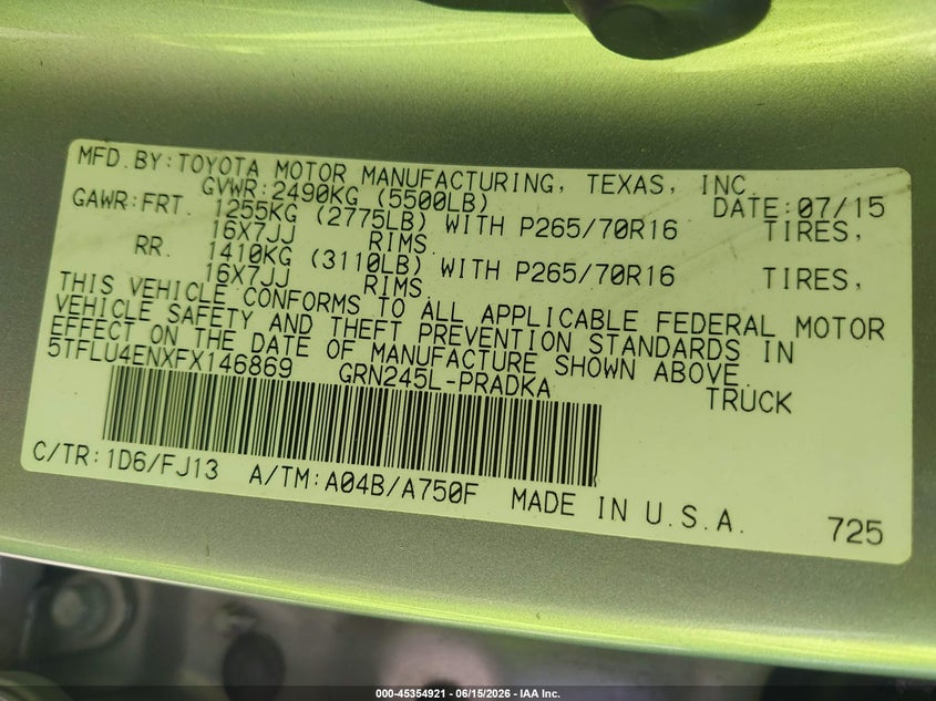 2015 Toyota Tacoma VIN 5TFLU4ENXFX146869 IAAI salvage auction — RIGHT FRONT, Salvage (Idaho), sold $8,850 on 2026-07-30 (photo 9)