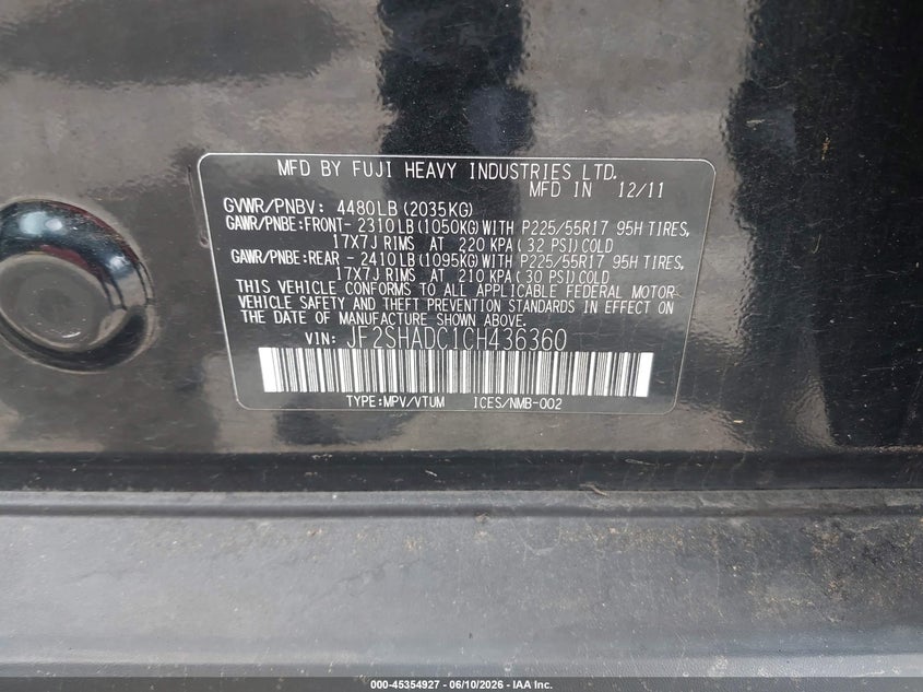 2012 Subaru Forester VIN JF2SHADC1CH436360 IAAI salvage auction — LEFT REAR, Clear (Washington), sold $750 on 2026-07-08 (photo 9)
