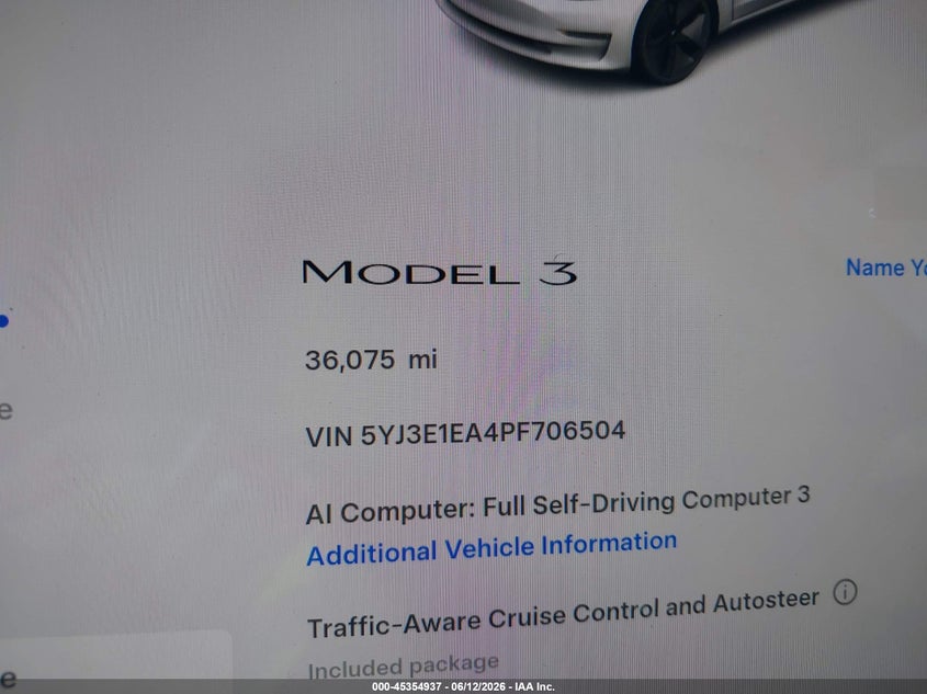 2023 Tesla Model 3 VIN 5YJ3E1EA4PF706504 IAAI salvage auction — FRONT END, Salvage (California), sold $8,700 on 2026-07-10 (photo 7)