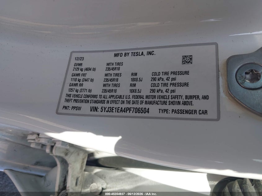 2023 Tesla Model 3 VIN 5YJ3E1EA4PF706504 IAAI salvage auction — FRONT END, Salvage (California), sold $8,700 on 2026-07-10 (photo 9)