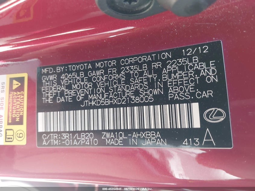 2013 Lexus Ct VIN JTHKD5BHXD2138005 IAAI salvage auction — RIGHT FRONT, Salvage Title, sold $1,550 on 2026-07-09 (photo 9)