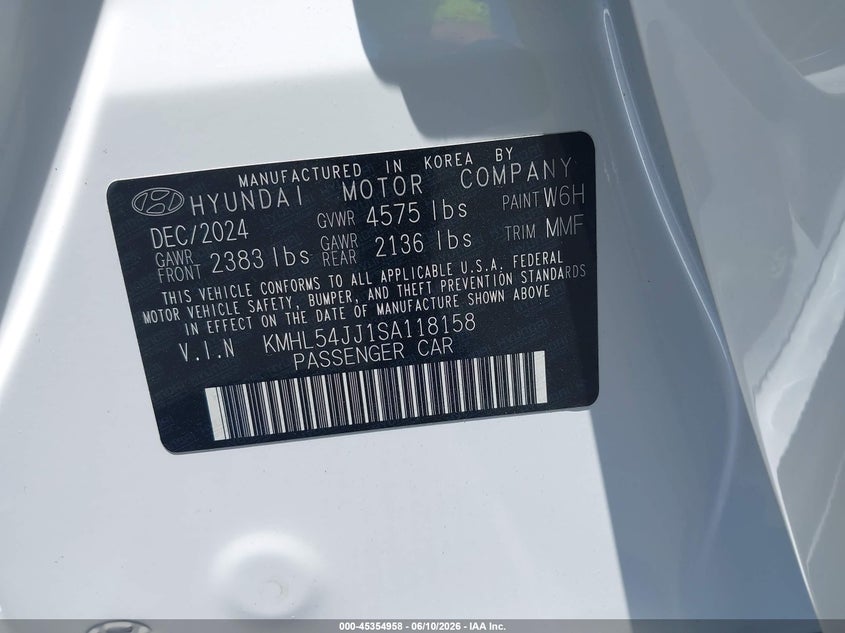 2025 Hyundai Sonata VIN KMHL54JJ1SA118158 IAAI salvage auction — FRONT END, Salvage Title, sold $2,650 on 2026-07-17 (photo 9)