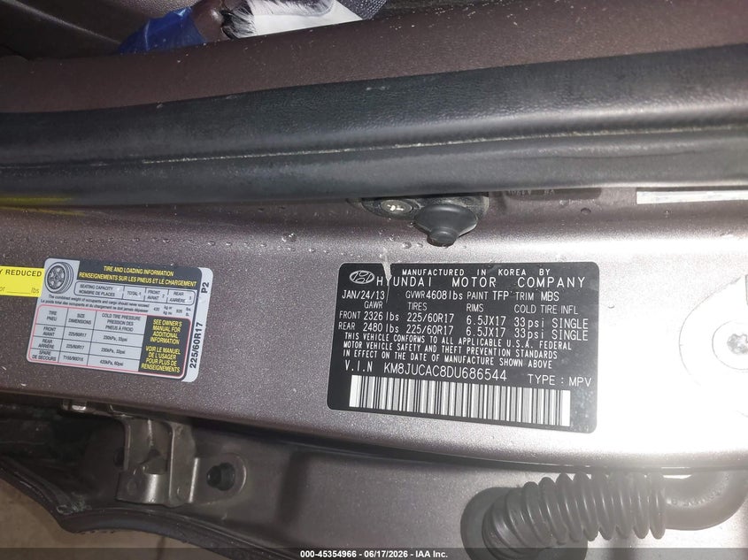 2013 Hyundai Tucson VIN KM8JUCAC8DU686544 IAAI salvage auction — RIGHT FRONT, Salvage (Illinois), sold $1,350 on 2026-07-16 (photo 9)