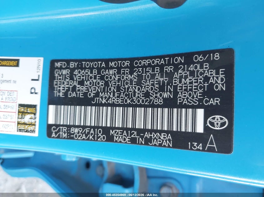 2019 Toyota Corolla VIN JTNK4RBE0K3002788 IAAI salvage auction — LEFT FRONT, Clear (Virginia), sold $3,500 on 2026-07-28 (photo 9)