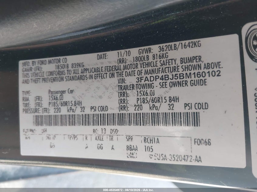 2011 Ford Fiesta VIN 3FADP4BJ5BM160102 IAAI salvage auction — NORMAL WEAR, Clear (Utah), sold $400 on 2026-07-09 (photo 9)