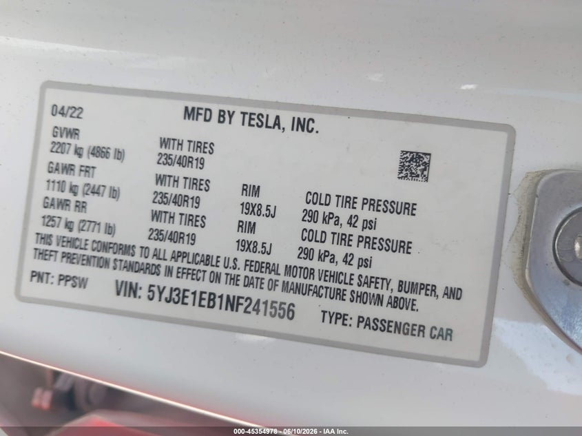 2022 Tesla Model 3 VIN 5YJ3E1EB1NF241556 IAAI salvage auction — SIDE, Salvage (Georgia), sold $6,600 on 2026-07-11 (photo 9)