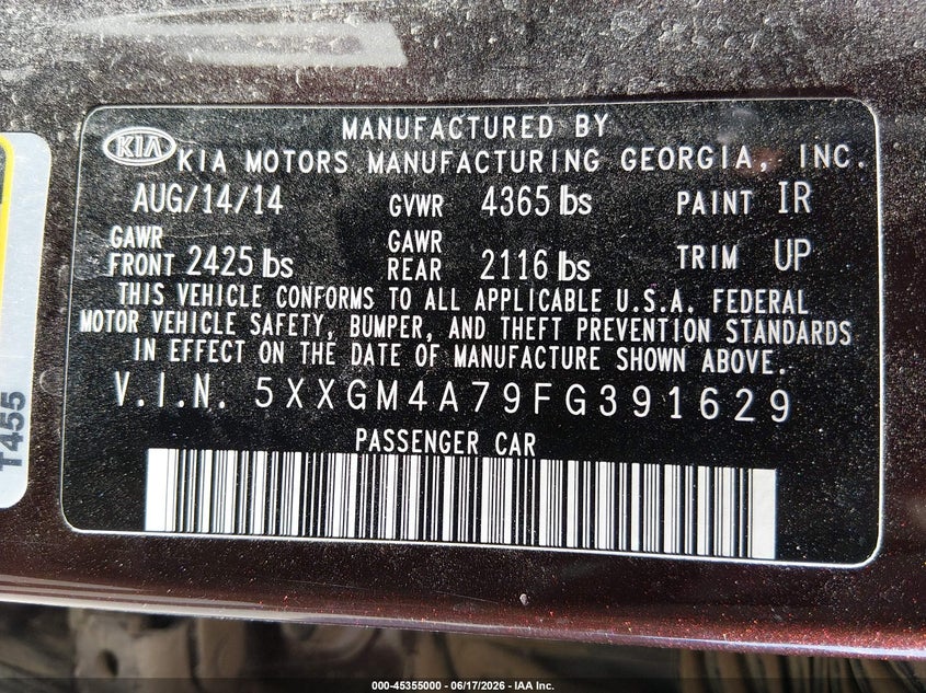 2015 Kia Optima VIN 5XXGM4A79FG391629 IAAI salvage auction — FRONT END, Salvage (Kansas), sold $825 on 2026-07-31 (photo 9)
