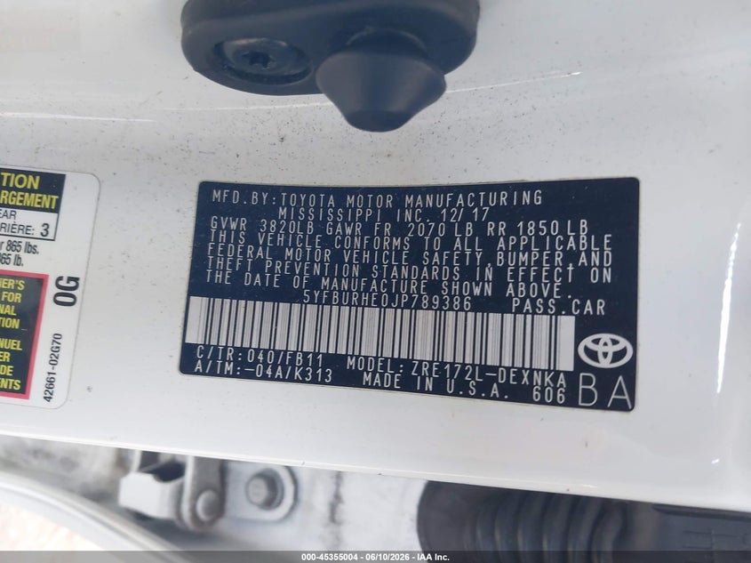 2018 Toyota Corolla VIN 5YFBURHE0JP789386 IAAI salvage auction — LEFT FRONT, Salvage (California), sold $2,350 on 2026-07-10 (photo 9)