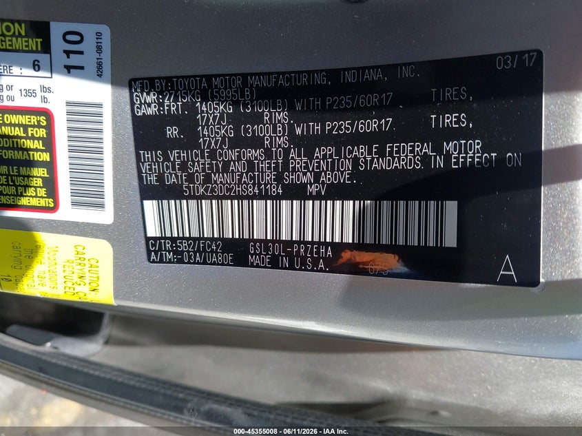 2017 Toyota Sienna VIN 5TDKZ3DC2HS841184 IAAI salvage auction — FRONT END, Salvage (California), sold $2,200 on 2026-07-21 (photo 9)