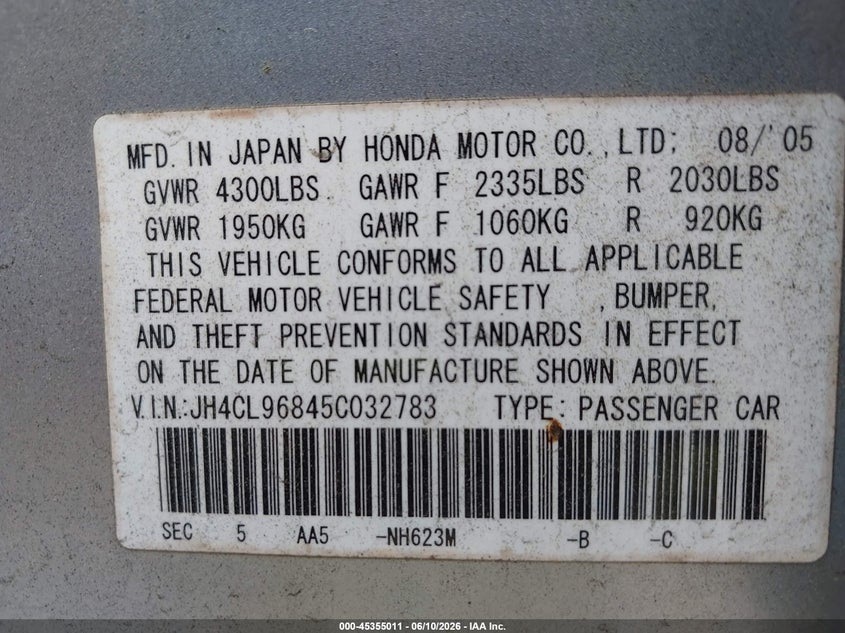 2005 Acura Tsx VIN JH4CL96845C032783 IAAI salvage auction — NORMAL WEAR, Clear (North Carolina), sold $300 on 2026-07-23 (photo 9)