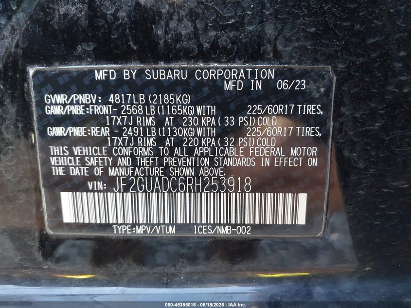 2024 Subaru Xv VIN JF2GUADC6RH253918 IAAI salvage auction — FRONT END, Bill Of Sale (Washington), sold $6,400 on 2026-07-05 (photo 9)