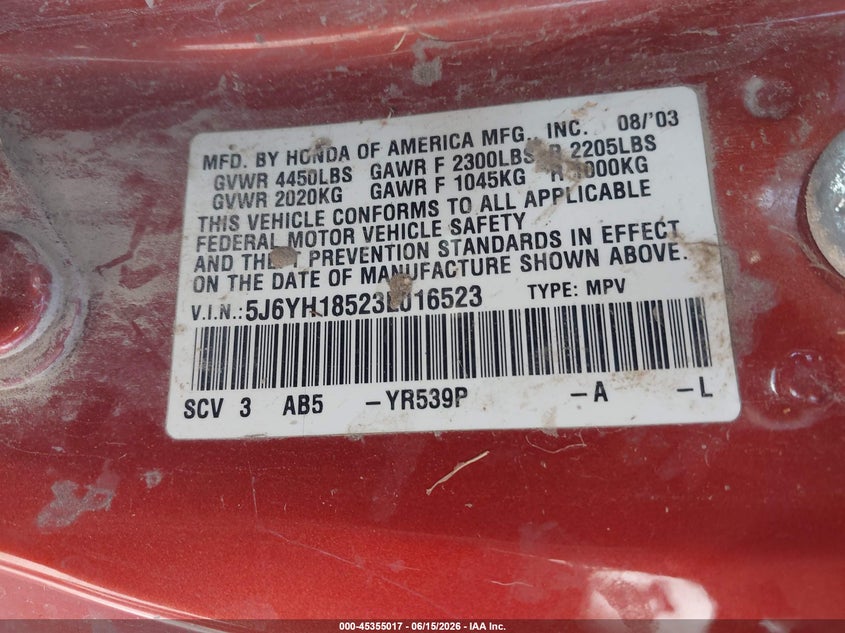 2003 Honda Element VIN 5J6YH18523L016523 IAAI salvage auction — NORMAL WEAR, Regular Certificate (Iowa), sold $550 on 2026-07-17 (photo 9)