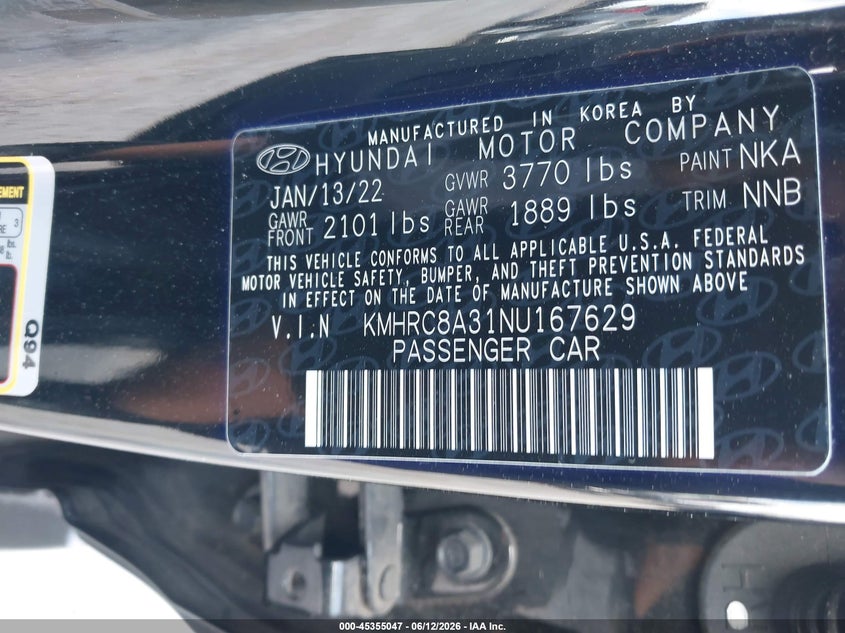 2022 Hyundai Venue VIN KMHRC8A31NU167629 IAAI salvage auction — HAIL, Salvage Title, sold $9,500 on 2026-08-19 (photo 9)