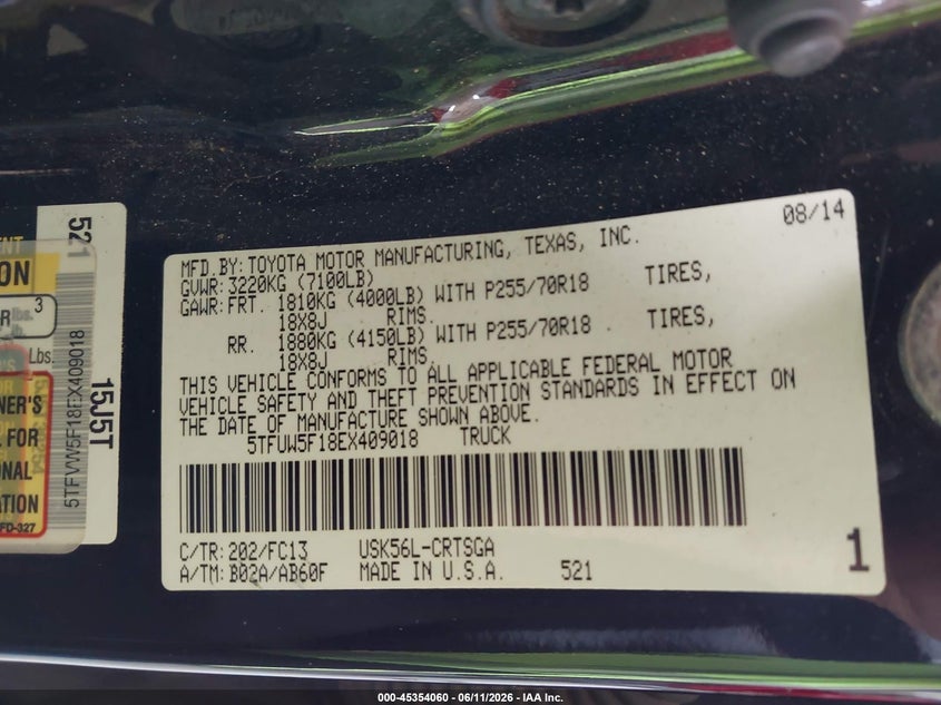 2014 Toyota Tundra VIN 5TFUW5F18EX409018 IAAI salvage auction — FRONT END, Rebuildable (Florida), sold $4,600 on 2026-07-08 (photo 9)