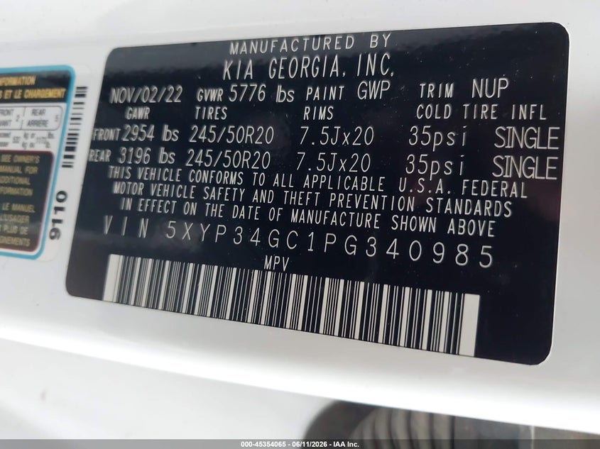 2023 Kia Telluride VIN 5XYP34GC1PG340985 IAAI salvage auction — FRONT & REAR, Salvage Title, sold $3,600 on 2026-07-29 (photo 9)