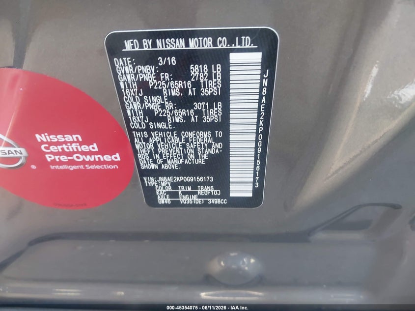 2016 Nissan Quest VIN JN8AE2KP0G9156173 IAAI salvage auction — RIGHT SIDE, Salvage (North Carolina), sold $500 on 2026-07-13 (photo 9)