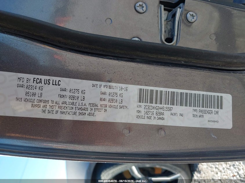 2017 Dodge Charger VIN 2C3CDXHG2HH515587 IAAI salvage auction — LEFT REAR, Salvage (Missouri), sold $3,450 on 2026-08-03 (photo 9)