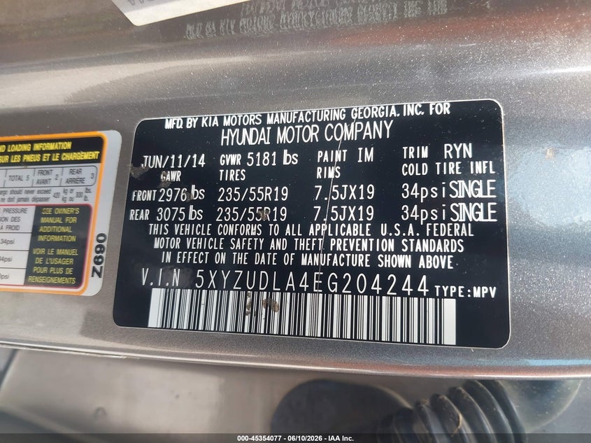 2014 Hyundai Santa fe VIN 5XYZUDLA4EG204244 IAAI salvage auction — NORMAL WEAR, Original (Texas), sold $825 on 2026-07-08 (photo 9)