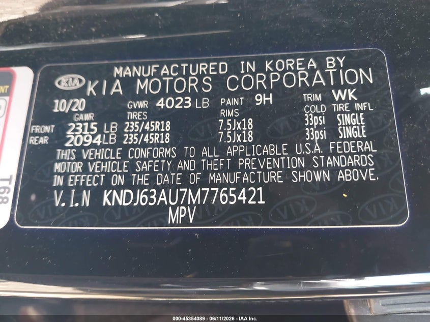 2021 Kia Soul VIN KNDJ63AU7M7765421 IAAI salvage auction — RIGHT REAR, Salvage (Illinois), sold $2,900 on 2026-07-29 (photo 9)