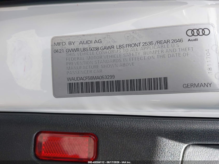 2021 Audi VIN WAUDACF58MA053299 IAAI salvage auction — FRONT END, Salvage Title, sold $925 on 2026-07-29 (photo 9)