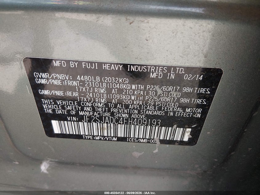 2015 Subaru Forester VIN JF2SJADC4FH409193 IAAI salvage auction — FRONT END, Clear, sold $1,600 on 2026-07-24 (photo 9)