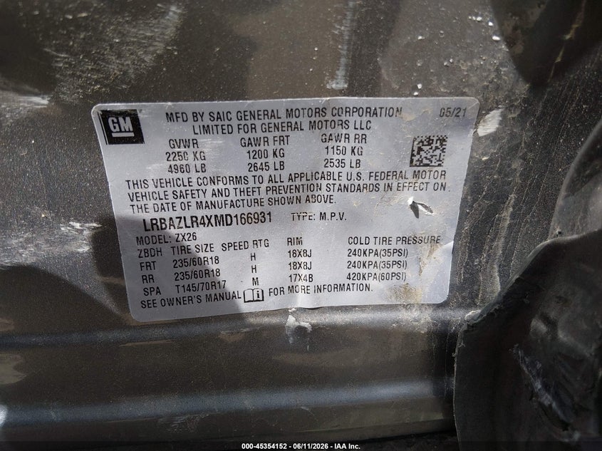 2021 Buick Envision VIN LRBAZLR4XMD166931 IAAI salvage auction — RIGHT REAR, Salvage (Ohio), sold $3,200 on 2026-07-21 (photo 9)