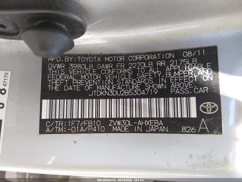 2011 Toyota Prius VIN JTDKN3DU2B5304719 IAAI salvage auction — FRONT END, Salvage (California), sold $525 on 2026-07-22 (photo 9)