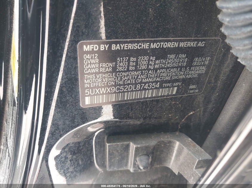 2013 BMW X3 VIN 5UXWX9C52DL874354 IAAI salvage auction — NORMAL WEAR, Original (Texas), sold $350 on 2026-07-10 (photo 9)