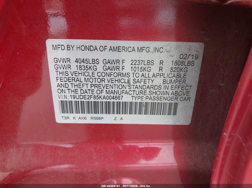 2019 Acura Ilx VIN 19UDE2F85KA004667 IAAI salvage auction — RIGHT REAR, Clear (Oklahoma), sold $9,250 on 2026-08-19 (photo 9)