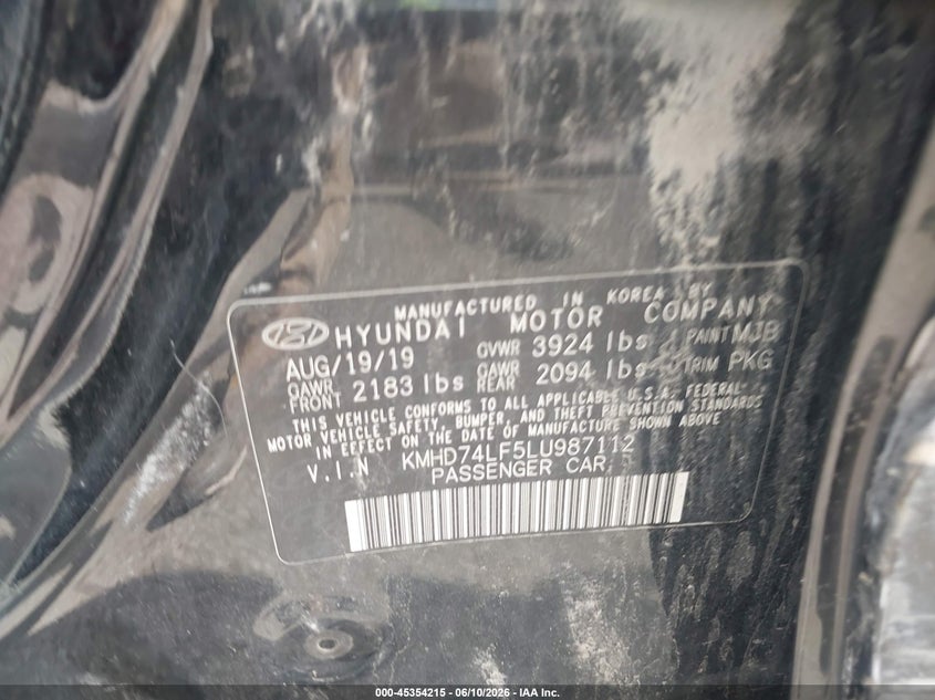 2020 Hyundai Elantra VIN KMHD74LF5LU987112 IAAI salvage auction — FRONT END, Salvage Title, sold $25 on 2026-07-28 (photo 9)
