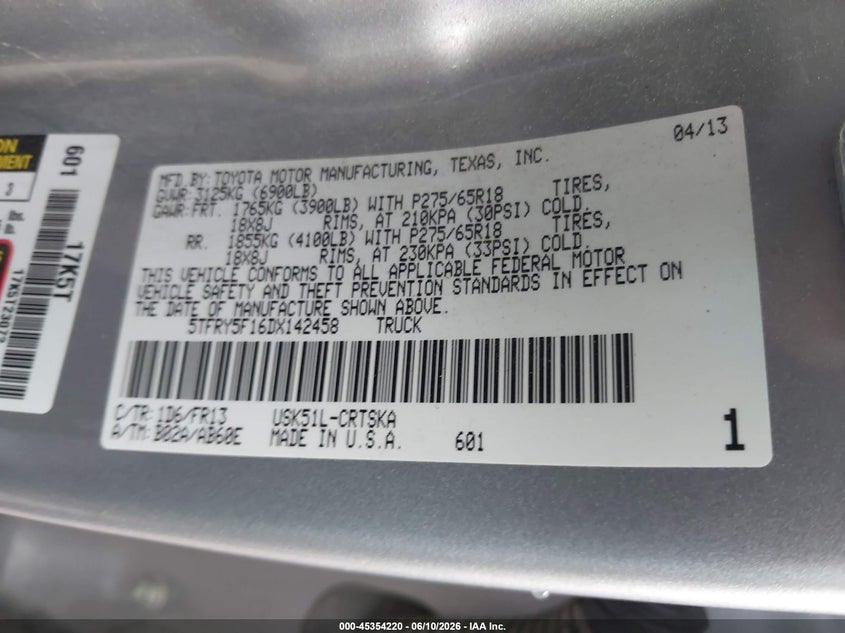 2013 Toyota Tundra VIN 5TFRY5F16DX142458 IAAI salvage auction — FRONT & REAR, Salvage (Illinois), sold $4,100 on 2026-07-22 (photo 9)